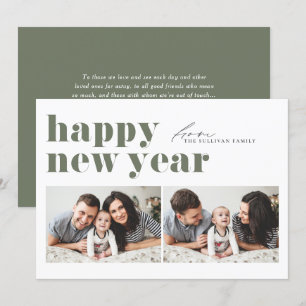 Taupe Green Retro Typography Photo Happy New Year Holiday Card