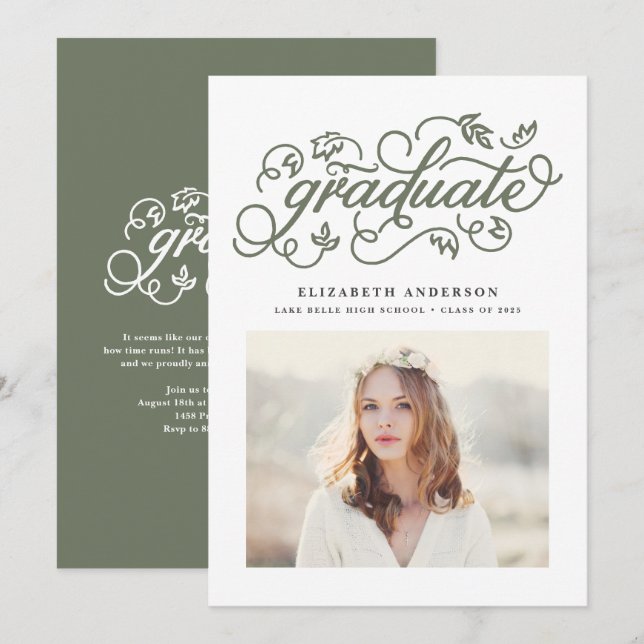 Taupe Green Rustic Calligraphy Photo Graduation Invitation (Front/Back)