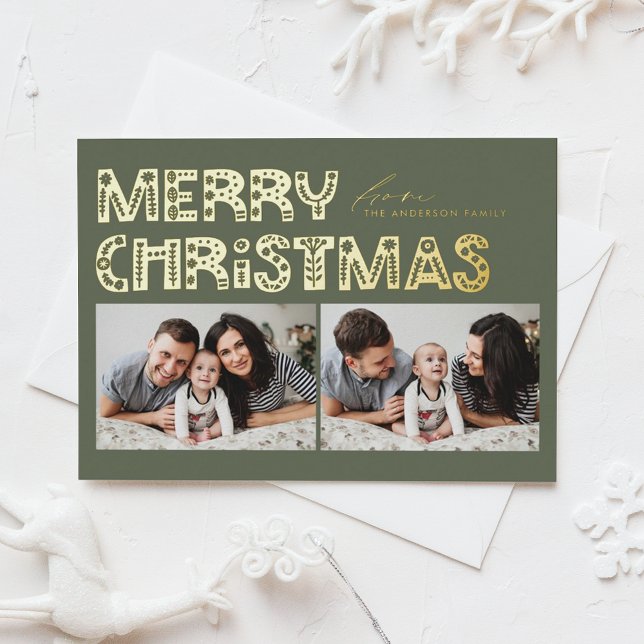 Taupe Green Scandinavian Two Photo Christmas Foil Holiday Postcard (Creator Uploaded)