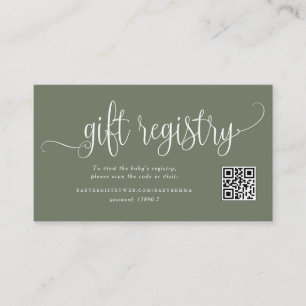 Taupe Green Script Baby Shower QR Code Registry Enclosure Card