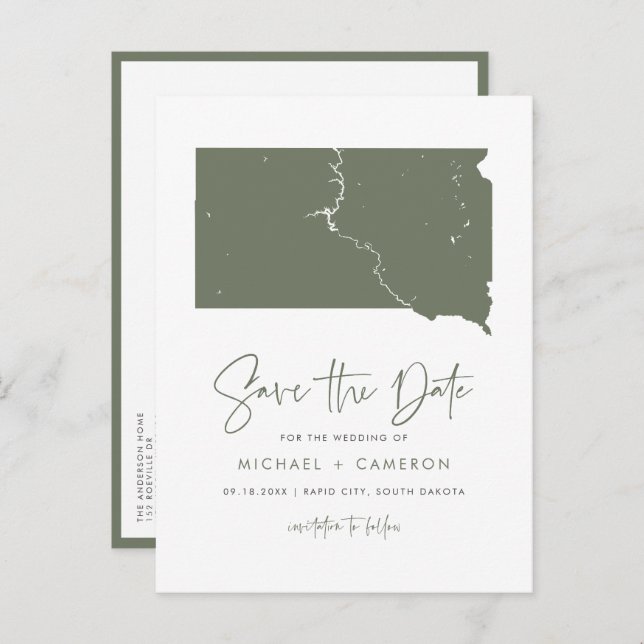 Taupe Green South Dakota Map QR Code Save the Date Announcement Postcard (Front/Back)