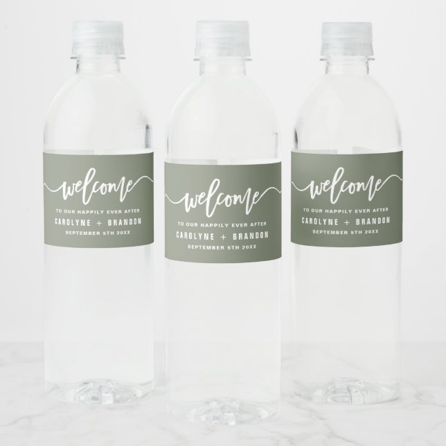 Taupe Green Welcome Lettering Custom Wedding Water Bottle Label (Bottles)