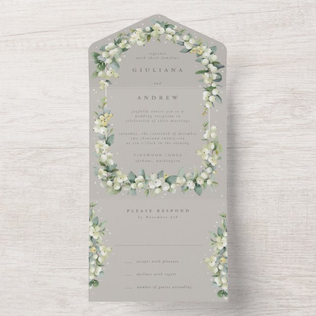 Taupe/Greige Snowberry+Eucalyptus Reception Only All In One Invitation (Inside)
