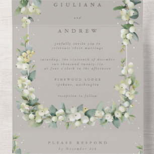 Taupe/Greige Snowberry+Eucalyptus Winter Wedding All In One Invitation