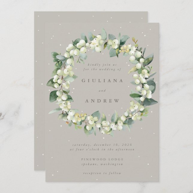 Taupe/Greige Snowberry+Eucalyptus Wreath Wedding Invitation (Front/Back)
