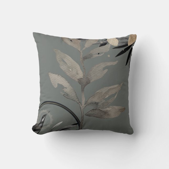 Taupe Grey Artistic Watercolor Leaves Cushion (Front)