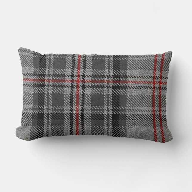 Taupe Grey Black Red Giant Tartan Plaid Lumbar Cushion (Front)
