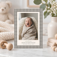 Taupe Grey Gingham Introducing Baby Photo Birth