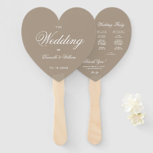 Taupe Heart Elegant Calligraphy Wedding Program Hand Fan