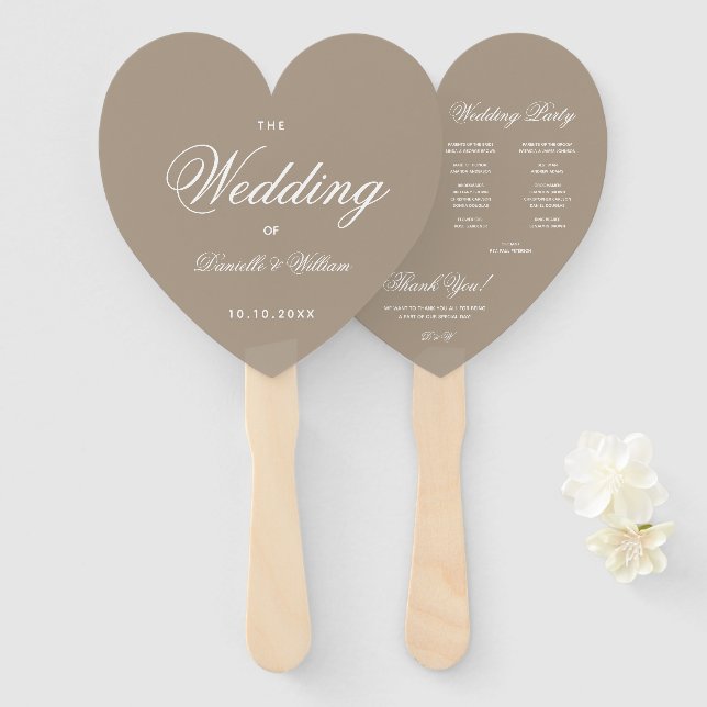 Taupe Heart Elegant Calligraphy Wedding Program Hand Fan (Front and Back)
