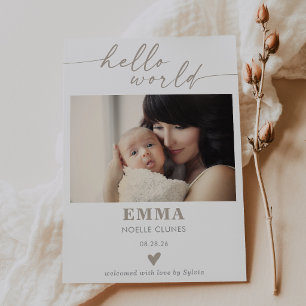 Taupe Hello World Photo Baby Announcement Card