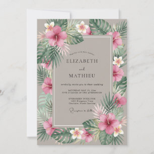 Taupe Hibiscus Tropical Eucalyptus Wedding Invitation