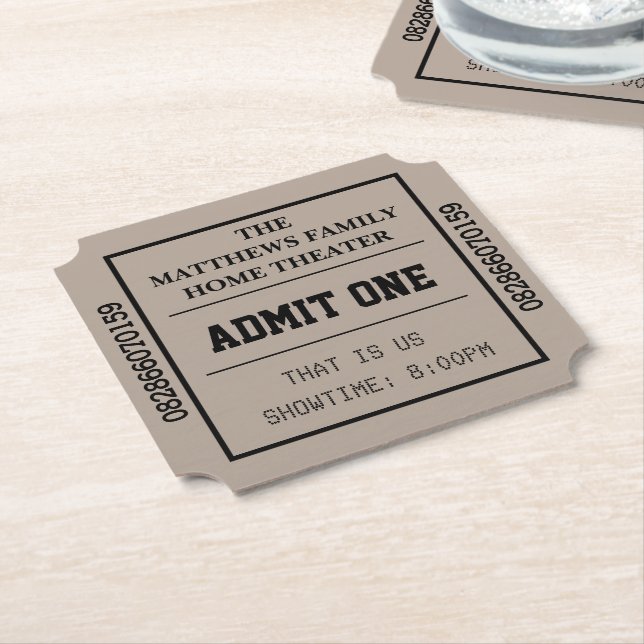 Taupe Home Theatre Personalised Movie Ticket Paper Coaster (Angled)