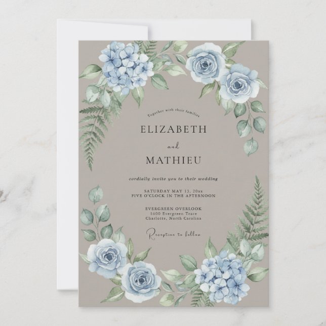 Taupe Hydrangea Fern Wedding Invitation (Front)