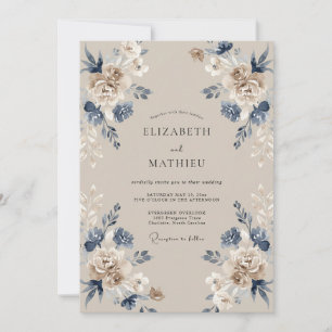Taupe Indigo Leafy Wedding Invitation