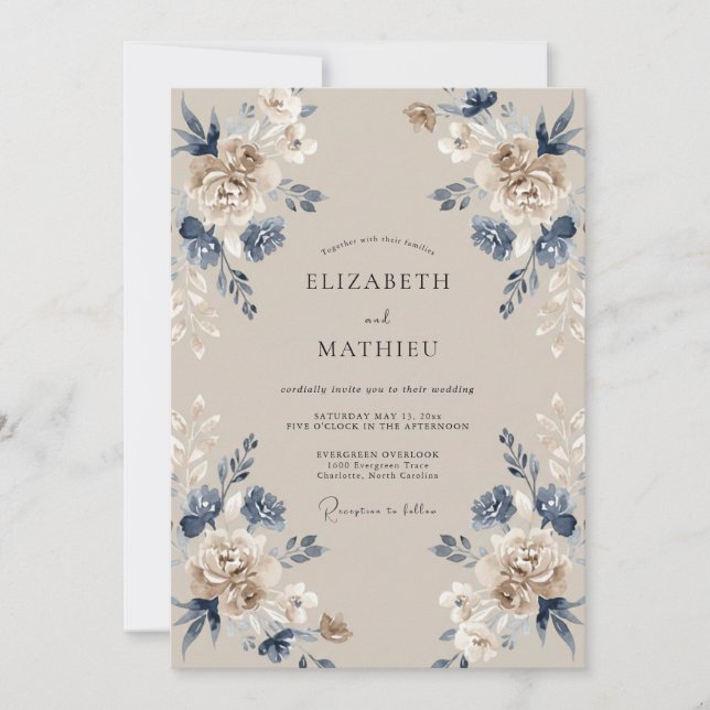 Taupe Indigo Leafy Wedding Invitation (Front)