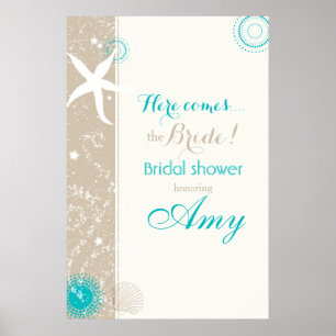 Taupe Ivory Aqua Beach Bridal Shower Poster