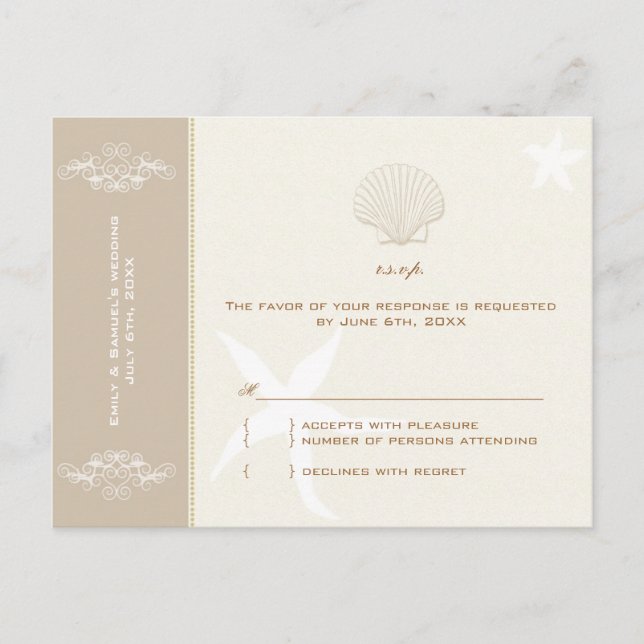 Taupe Ivory Destination Beach Wedding RSVP Invitation Postcard (Front)