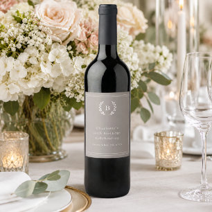 Taupe ivory monogram wreath birthday wine label