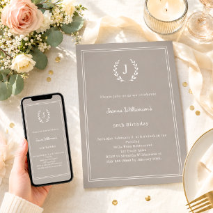 Taupe ivory monogram wreath minimalist birthday invitation