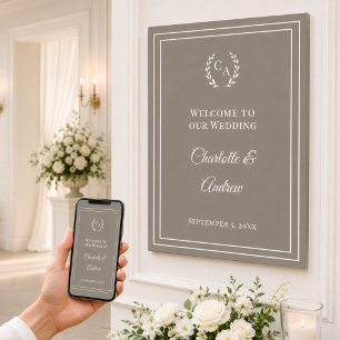 Taupe ivory monogrammed elegant wedding welcome poster