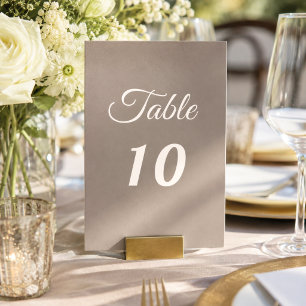 Taupe ivory script wedding table number