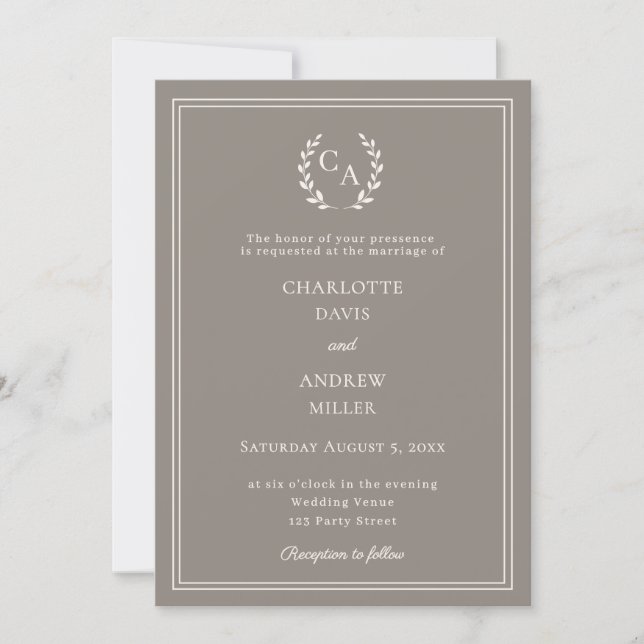 Taupe ivory wreath monogram simple wedding  invitation (Front)