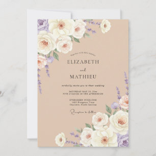 Taupe Lavender Floral Watercolor Wedding Invitation