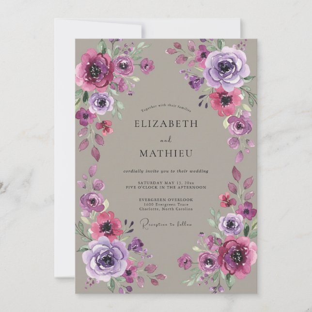 Taupe Magenta Peony Wedding Invitation (Front)