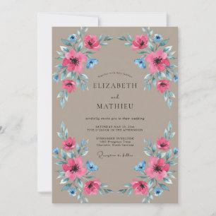 Taupe Magenta Poppy Wedding Invitation