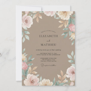 Taupe Mauve Leafy Wedding Invitation
