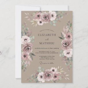 Taupe Mauve Rose Wedding Invitation
