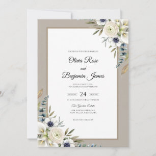 Taupe Midnight Navy Anemone Wedding Invitation