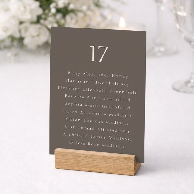 Taupe Minimal Wedding Table Number with Guest List (Creator Uploaded)