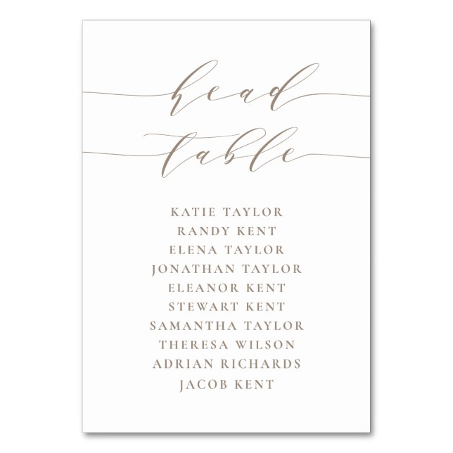 Taupe Minimalist Script Head Table Wedding Number (Front)