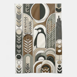 Taupe Mocha Abstract Grain Arcs Pattern Penguin Tea Towel