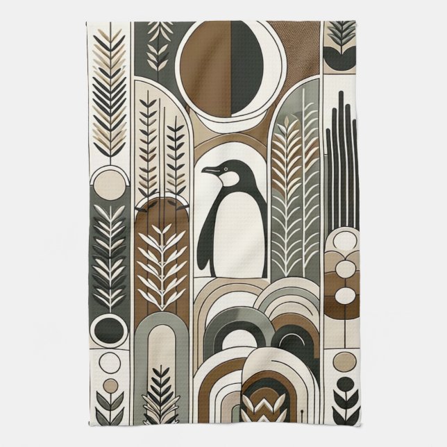 Taupe Mocha Abstract Grain Arcs Pattern Penguin Tea Towel (Vertical)