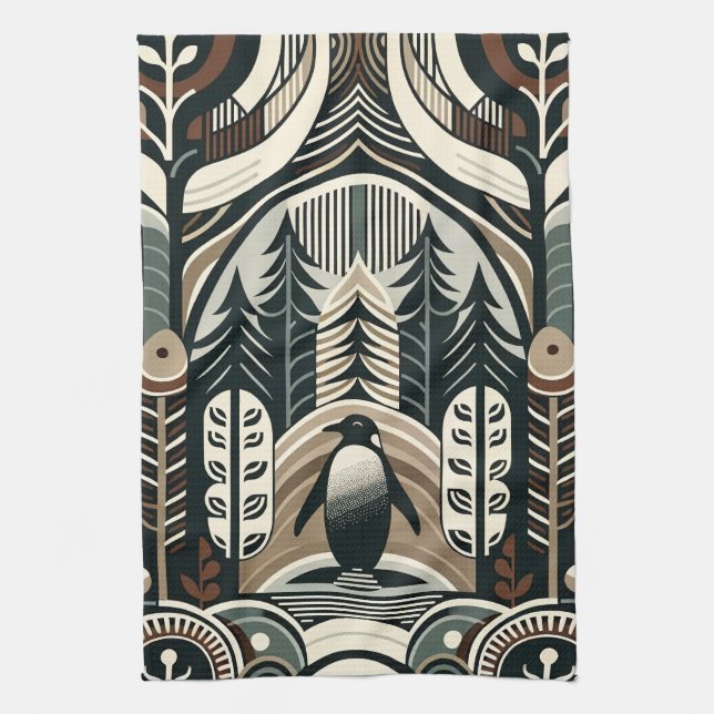 Taupe Mocha Ivory Penguin Forest With Arcs Trees  Tea Towel (Vertical)