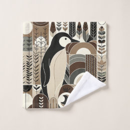 Taupe Mocha Ivory Penguin In Grain Forest Plants  Wash Cloth