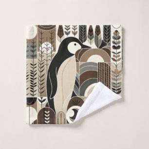 Taupe Mocha Ivory Penguin In Grain Forest Plants Wash Cloth