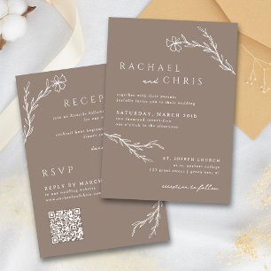Taupe Mocha Simple Boho Floral Botanical QR Code Invitation