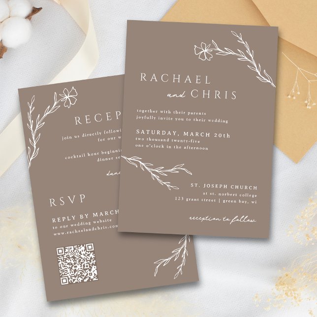 Taupe Mocha Simple Boho Floral Botanical QR Code Invitation (Creator Uploaded)