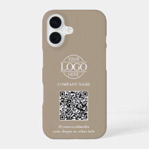 Taupe Modern Business Logo & QR Code Promotional iPhone 16 Case