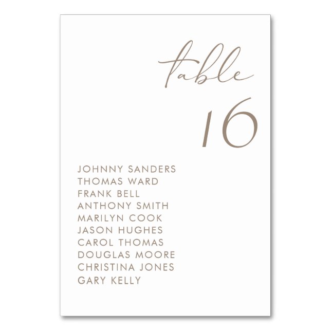 Taupe Modern Handwritten Script Wedding Table Number (Front)