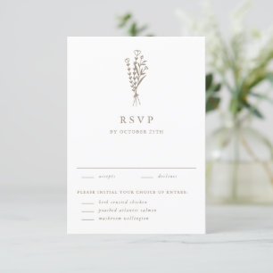 Taupe Modern Minimalist Floral Bouquet Wedding RSVP Card