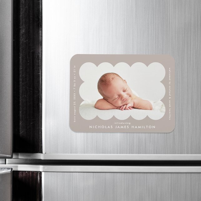 Taupe Modern Scalloped Frame Birth Announcement Magnet (Creator Uploaded)