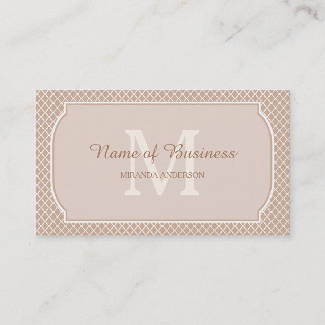 Taupe Monogram Lattice Border Business Card (Front)