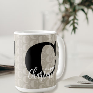 Taupe Monogram Pattern Black White Script Name Coffee Mug