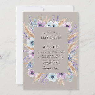Taupe Muted Lilac Wreath Wedding Invitation