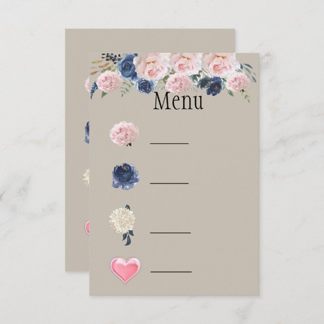 Taupe Navy Blue Pink Peony Menu Symbols (Front/Back)